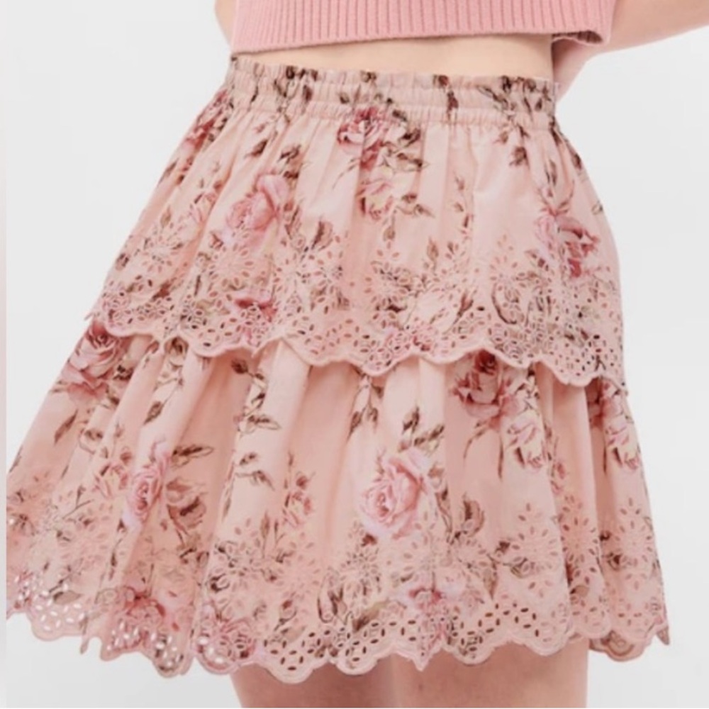 LoveShackFancy Blush Pink Floral Eyelet Tiered Mini Skirt